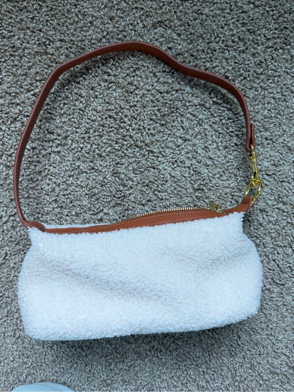 White Sherpa Shoulder Bag with Tan Trim